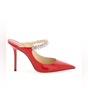 Jimmy Choo Bing 100 Red Patent Leather Heeled Mules with Crystal Strap NWT